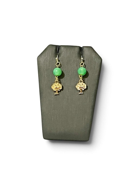 Hand Crafted Jewelry - Tree of Life Drop Earrings Gold Green Bead Dangle Fall Bohemian Witchy Jewelry